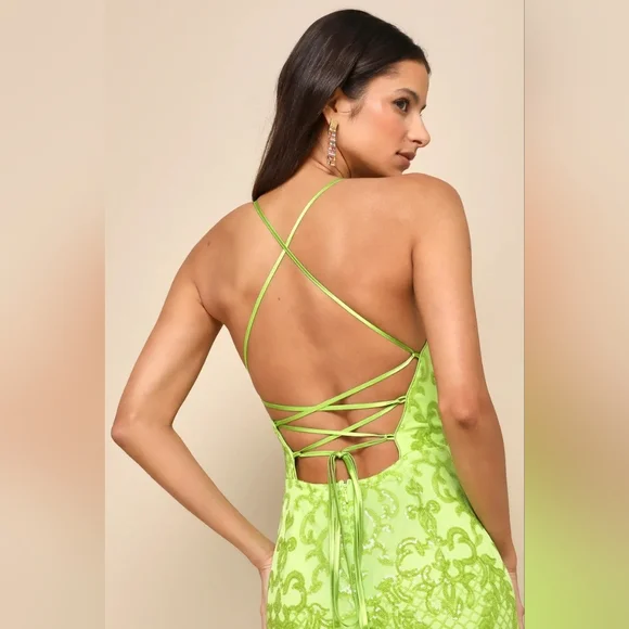 Lulus Limitless Glamour Lime Green Sequin Lace-Up Maxi Dress S Wedding Prom - Picture 5 of 12